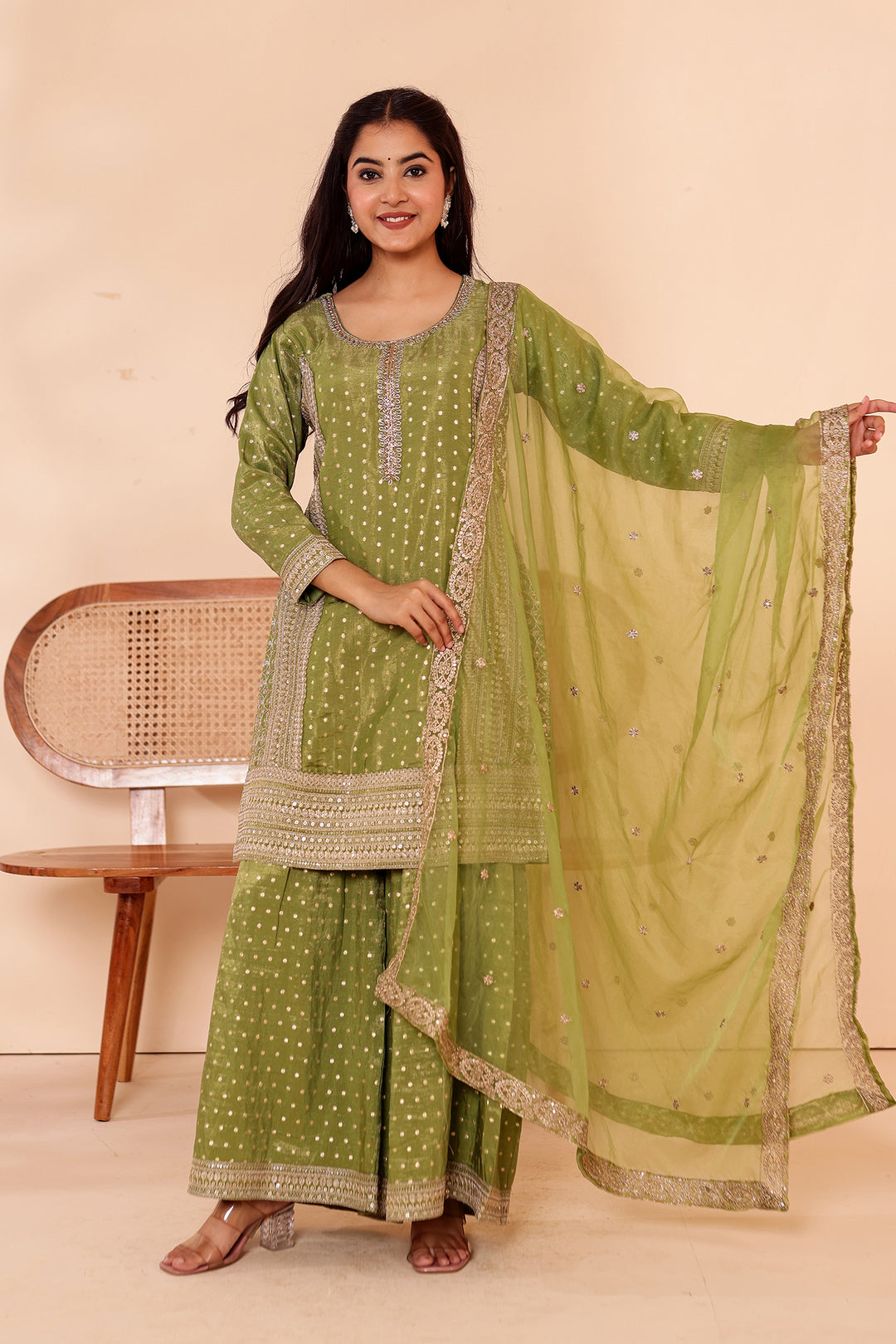 Mehndi Green Shimer Butti Sharara Suit.