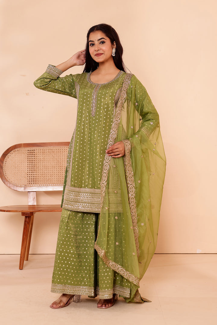 Mehndi Green Shimer Butti Sharara Suit.