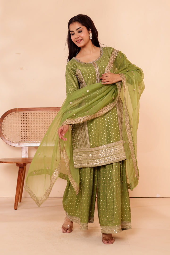 Mehndi Green Shimer Butti Sharara Suit.