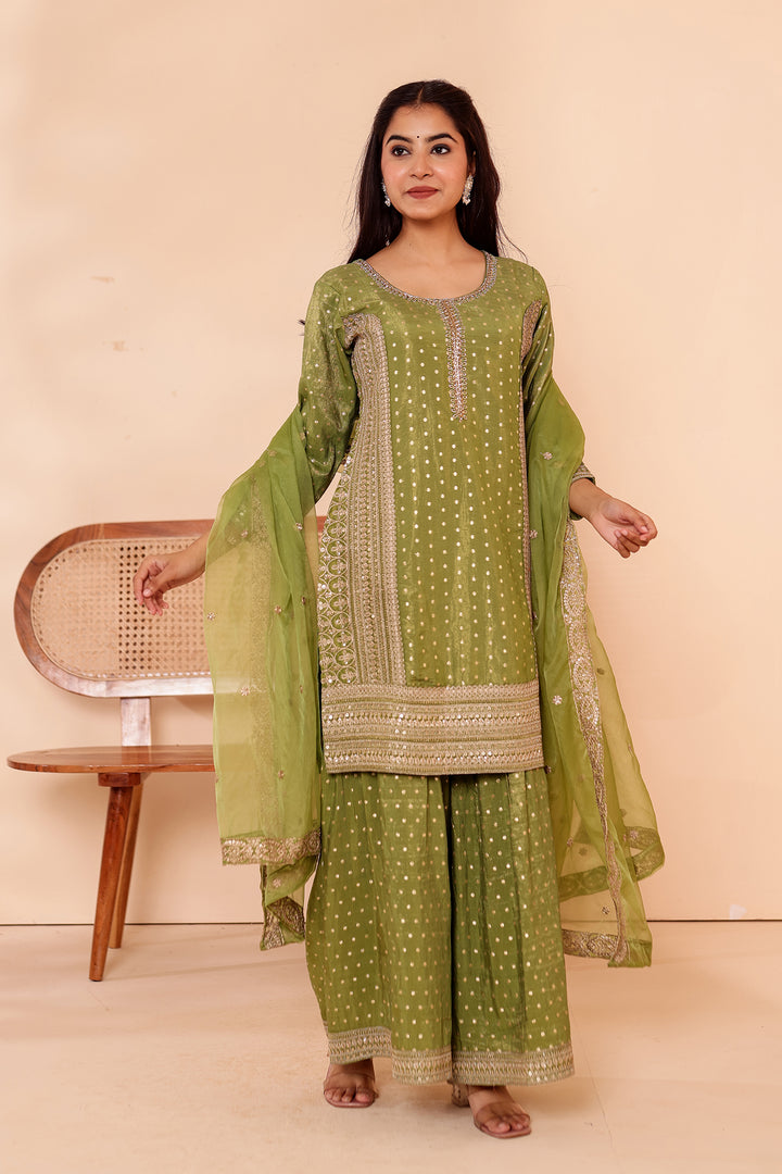 Mehndi Green Shimer Butti Sharara Suit.