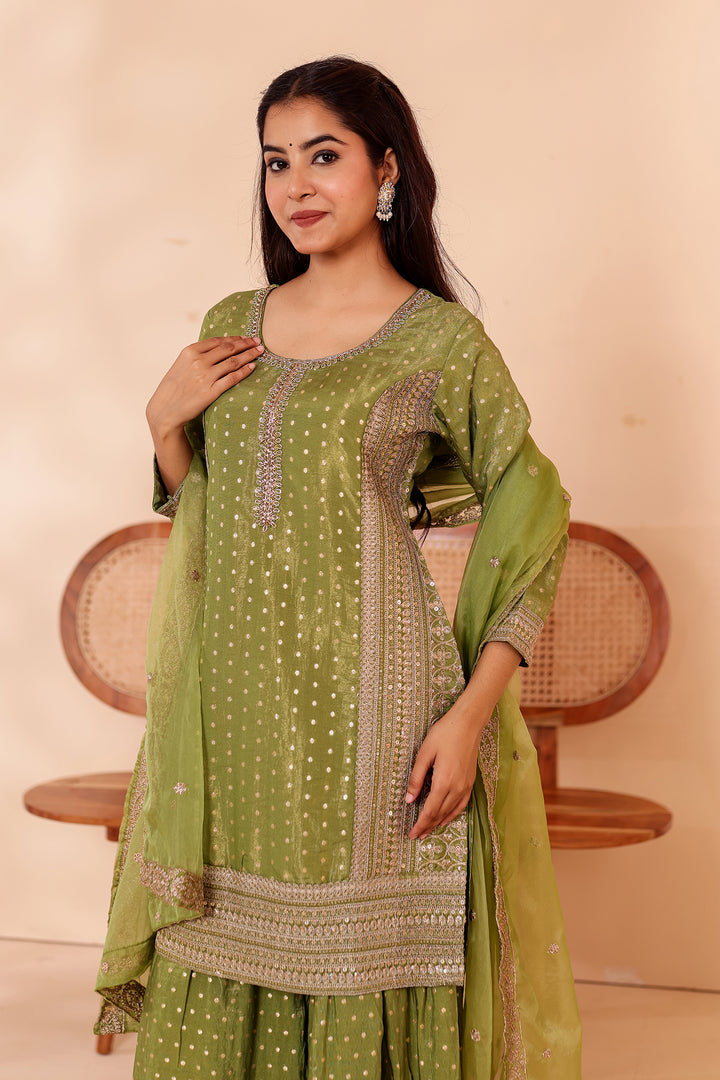 Mehndi Green Shimer Butti Sharara Suit.