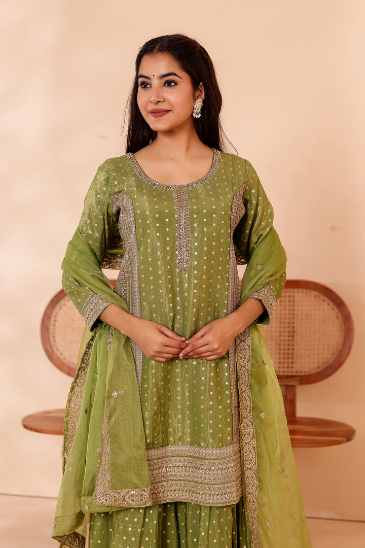Mehndi Green Shimer Butti Sharara Suit.