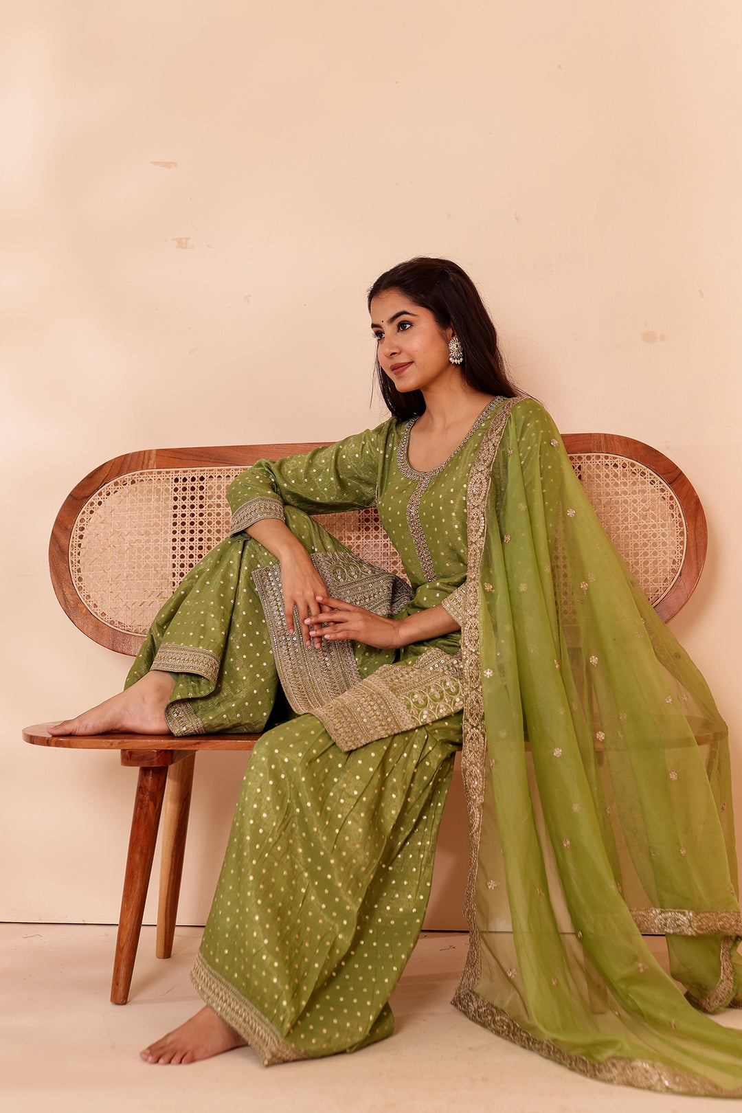 Mehndi Green Shimer Butti Sharara Suit.