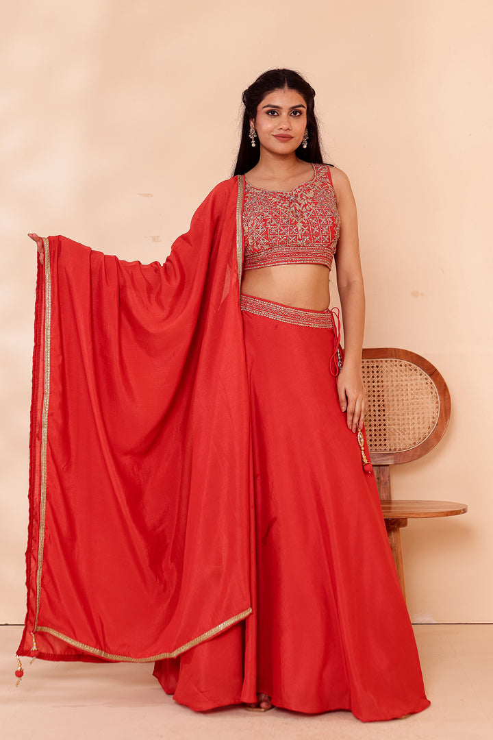 Rust Vichitra Silk Lehenga Choli.
