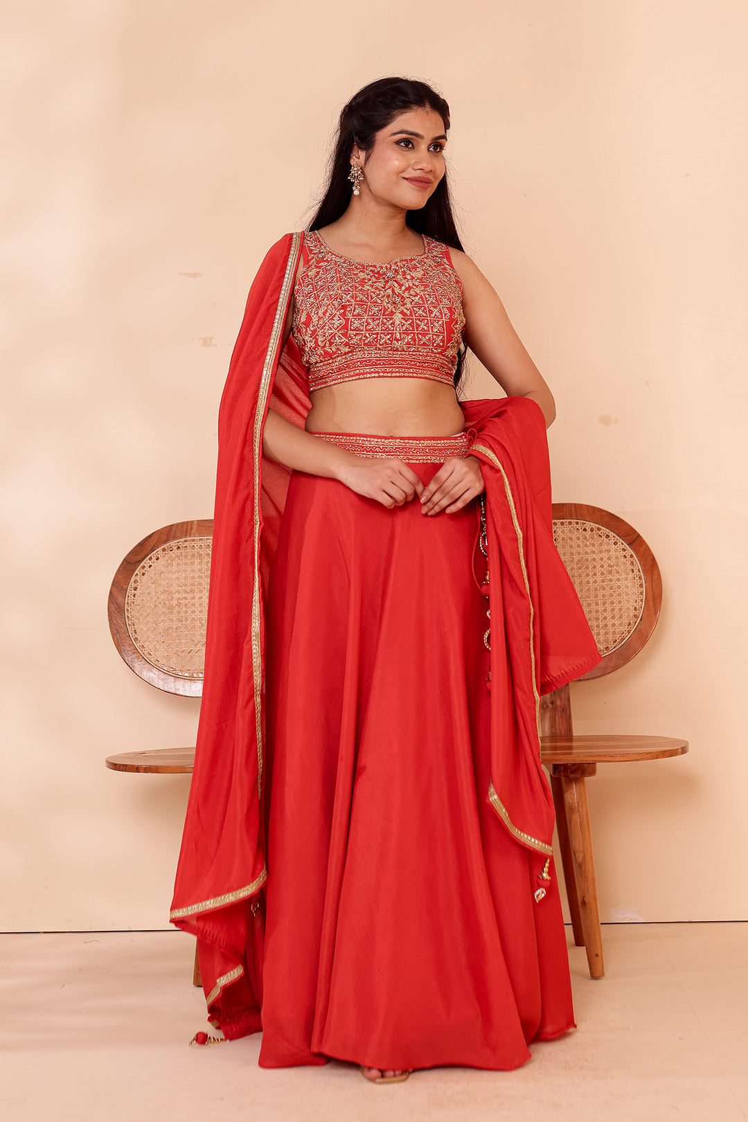 Rust Vichitra Silk Lehenga Choli.