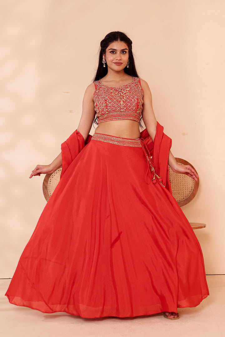 Rust Vichitra Silk Lehenga Choli.