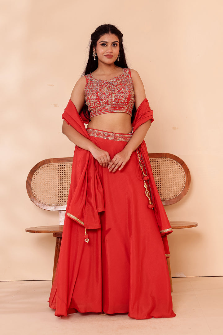 Rust Vichitra Silk Lehenga Choli.