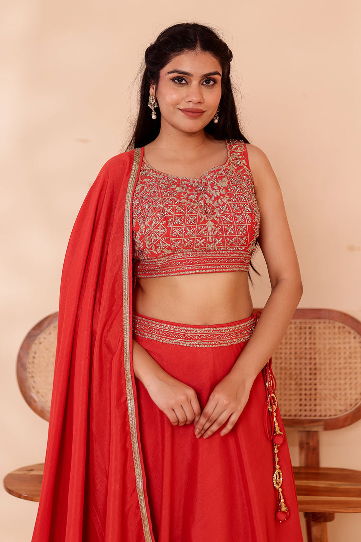 Rust Vichitra Silk Lehenga Choli.