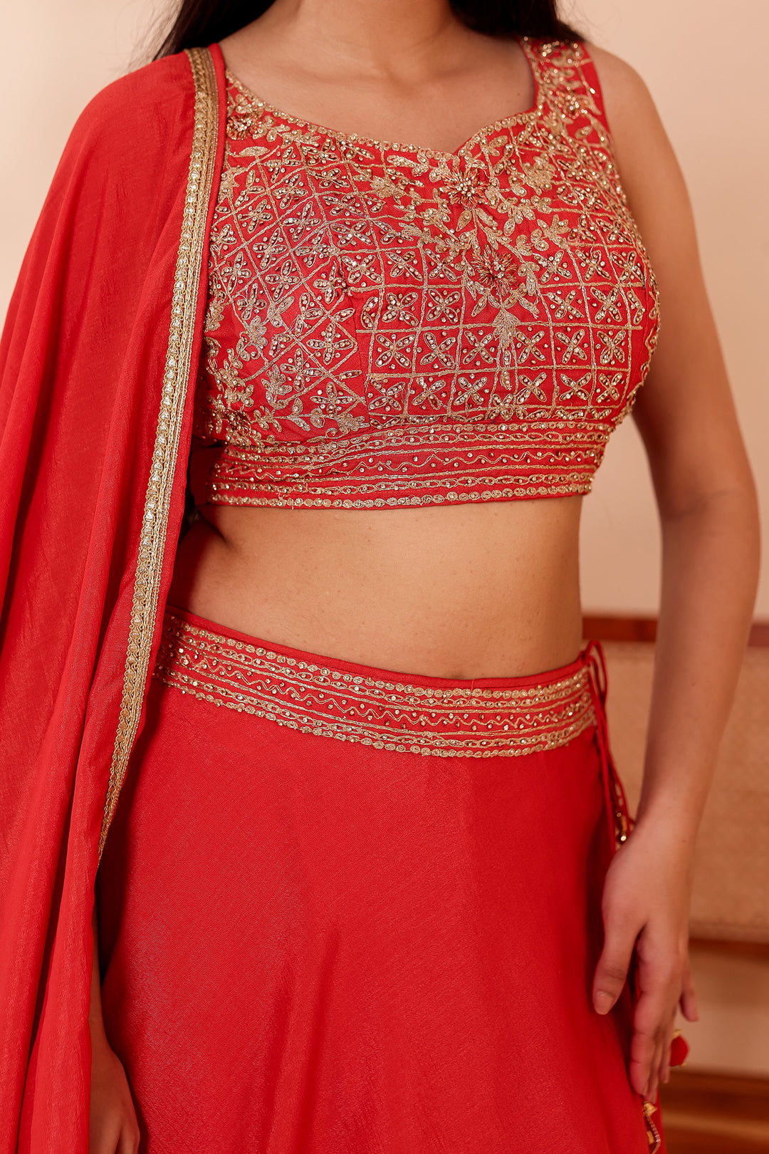Rust Vichitra Silk Lehenga Choli.