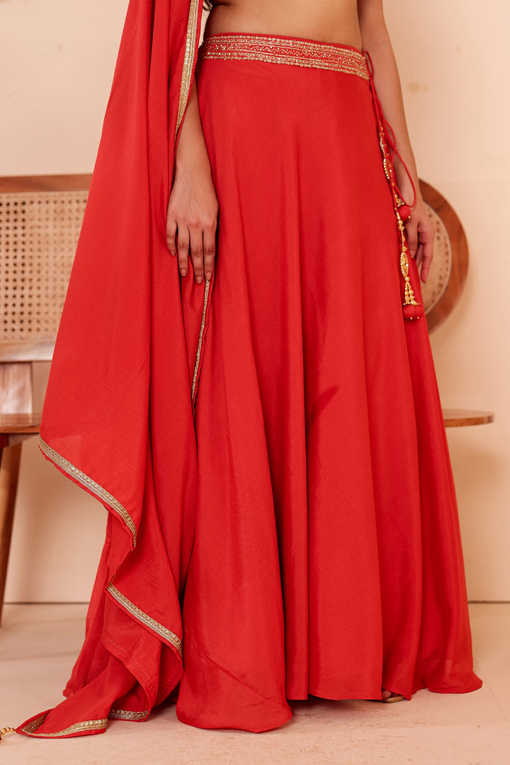 Rust Vichitra Silk Lehenga Choli.