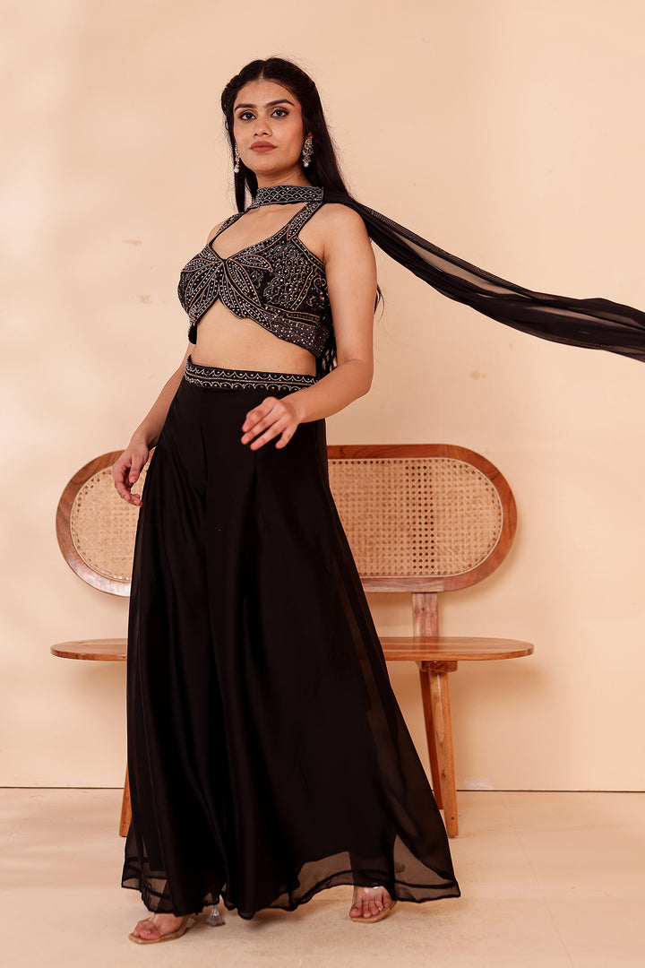 Black Crepe Tissue Silk Lehenga Choli.