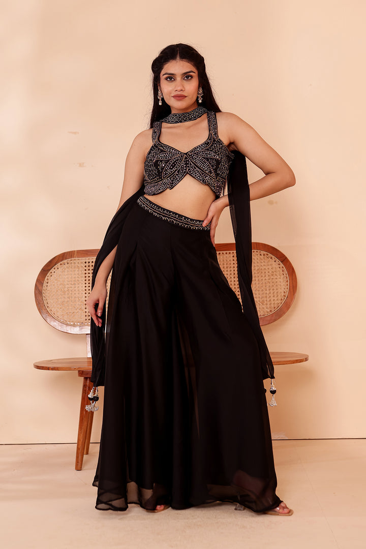 Black Crepe Tissue Silk Lehenga Choli.