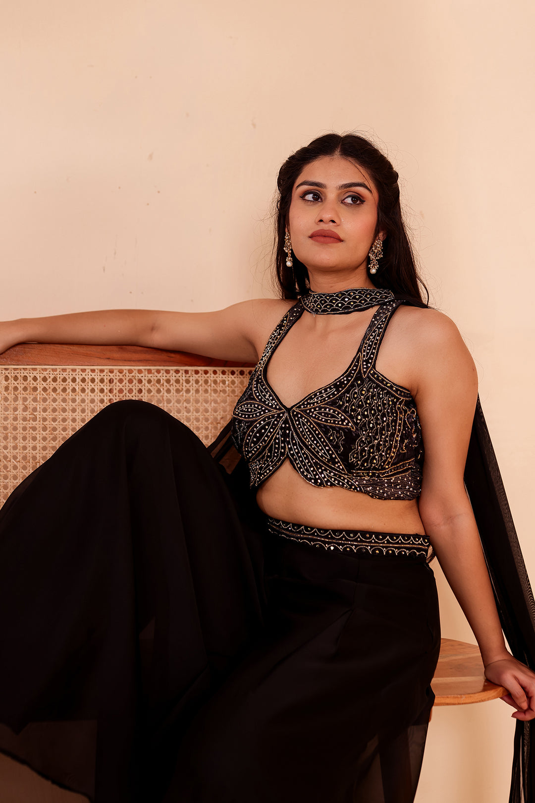 Black Crepe Tissue Silk Lehenga Choli.