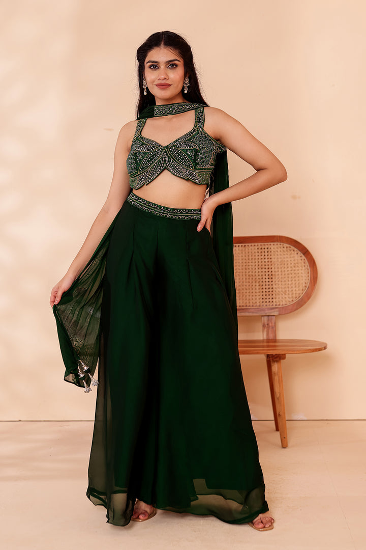 Bottle Green Crepe Tissue Silk Lehenga Choli.