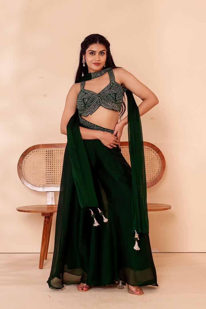 Bottle Green Crepe Tissue Silk Lehenga Choli.