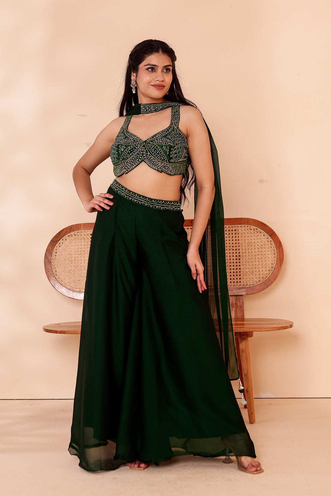 Bottle Green Crepe Tissue Silk Lehenga Choli.