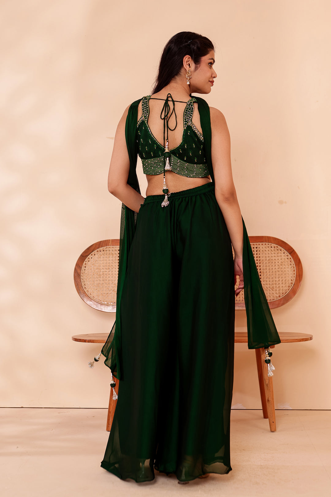 Bottle Green Crepe Tissue Silk Lehenga Choli.