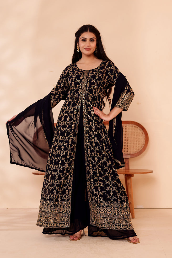 Blue Georgette Long Anarkali with Palazzo.