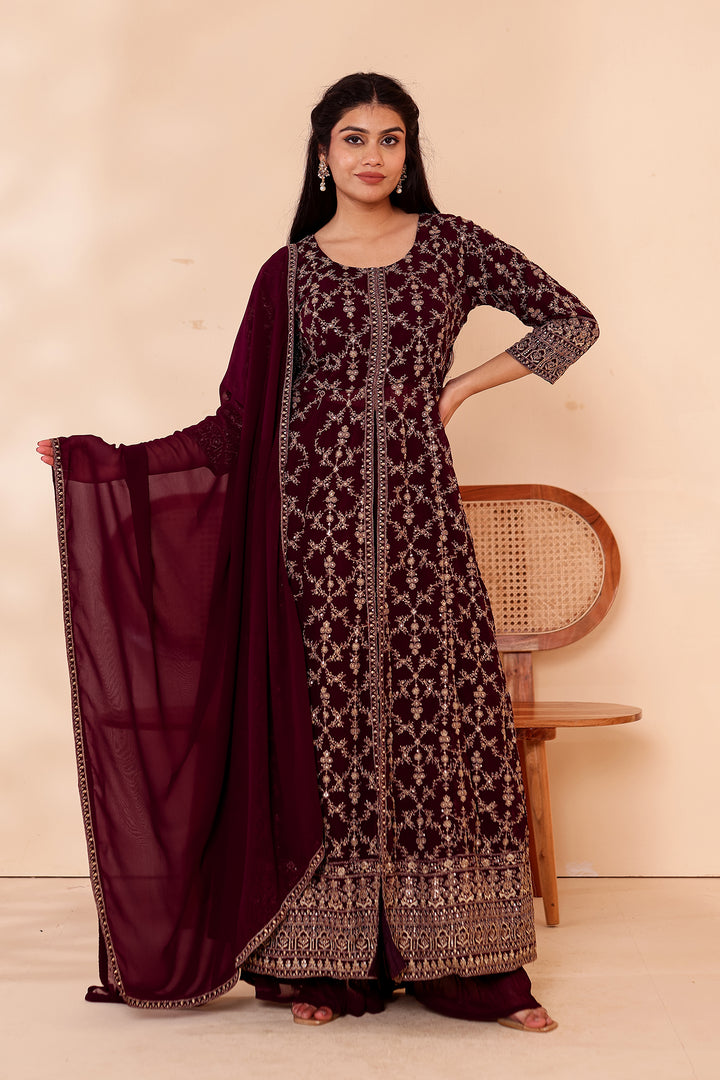 Dark Purple Georgette Long Anarkali with Palazzo.