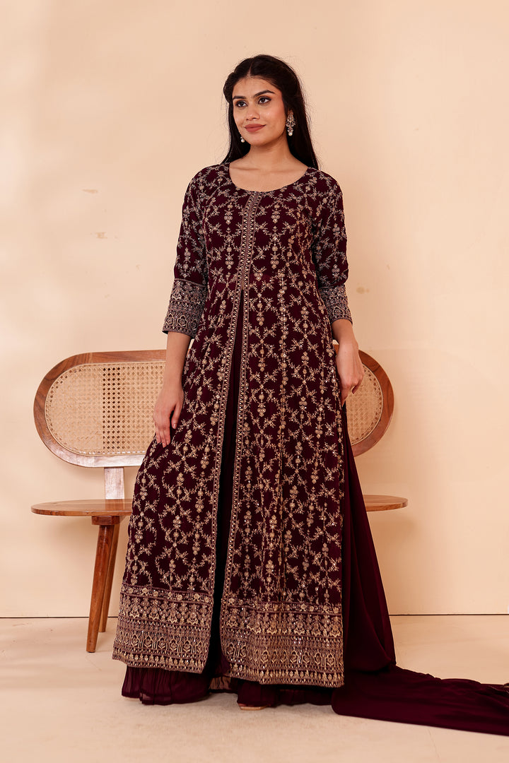 Dark Purple Georgette Long Anarkali with Palazzo.