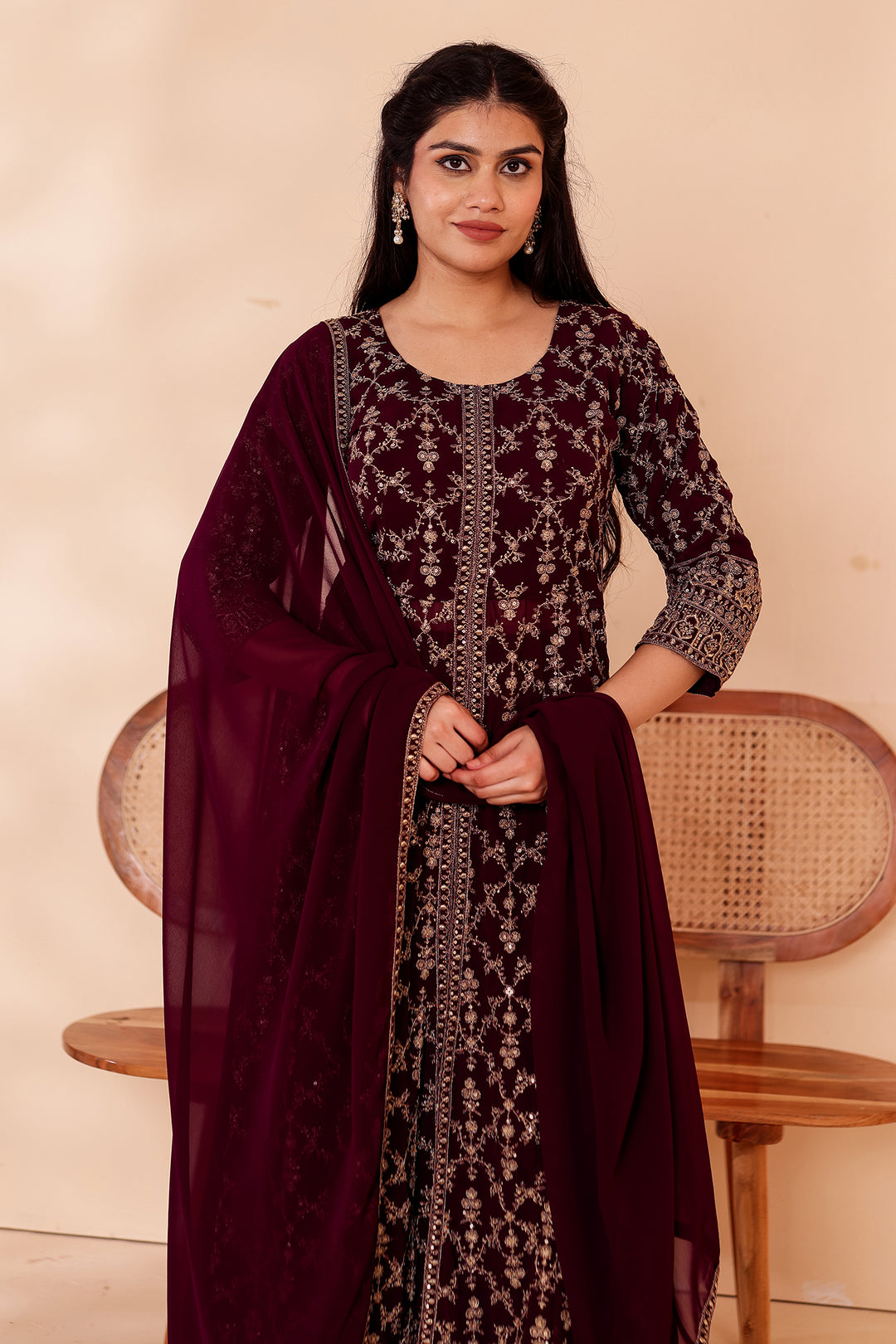 Dark Purple Georgette Long Anarkali with Palazzo.