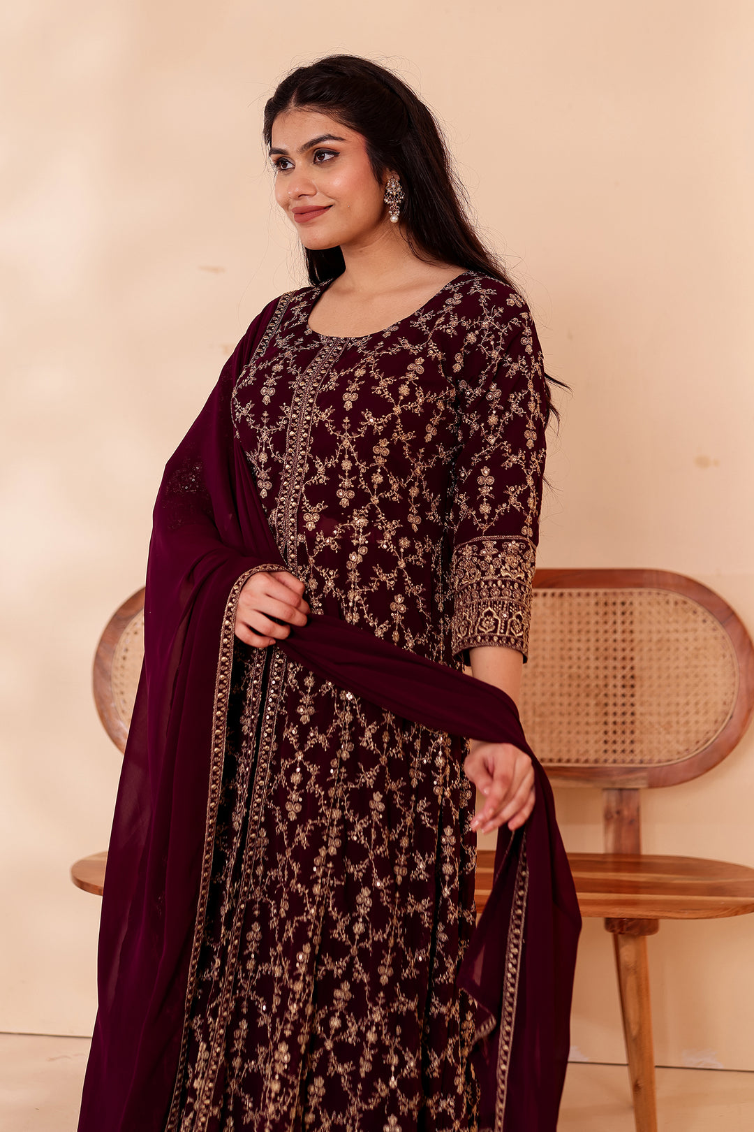 Dark Purple Georgette Long Anarkali with Palazzo.