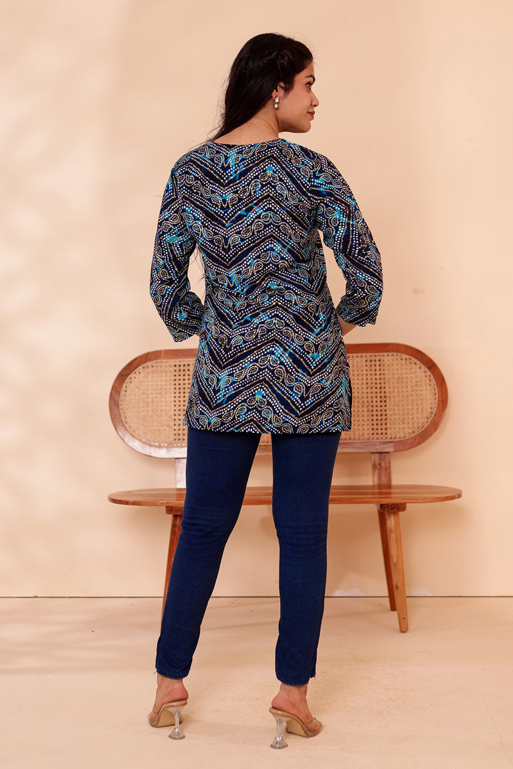 Blue Soft Rayon Bandhani Print Short Kurti Top.