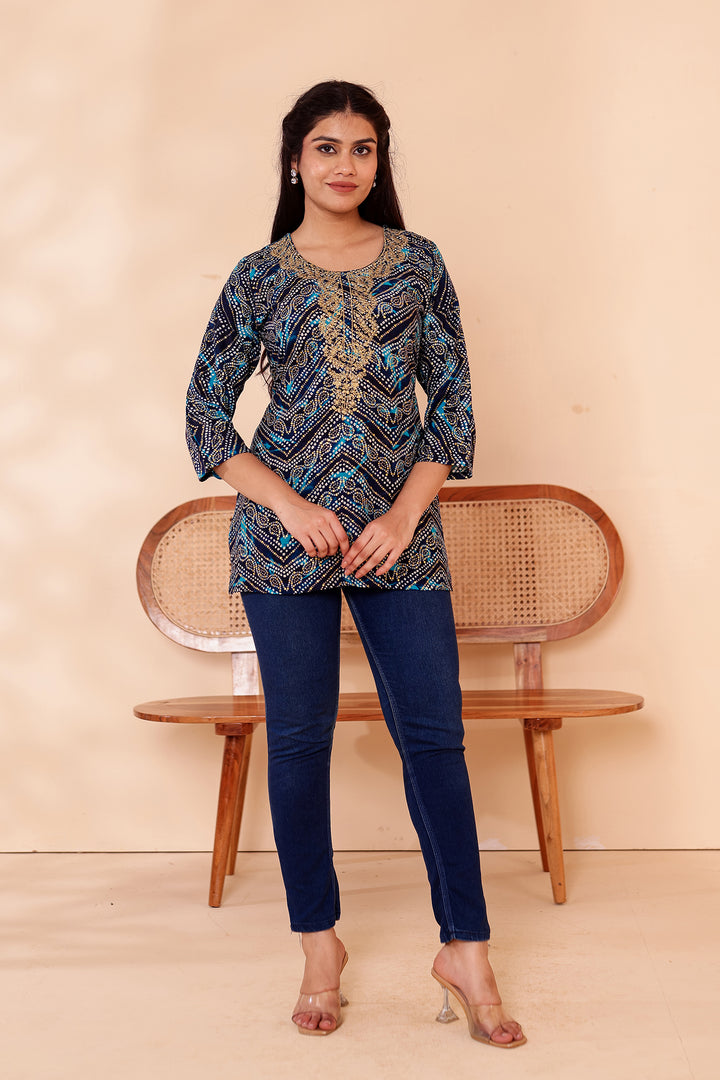 Blue Soft Rayon Bandhani Print Short Kurti Top.