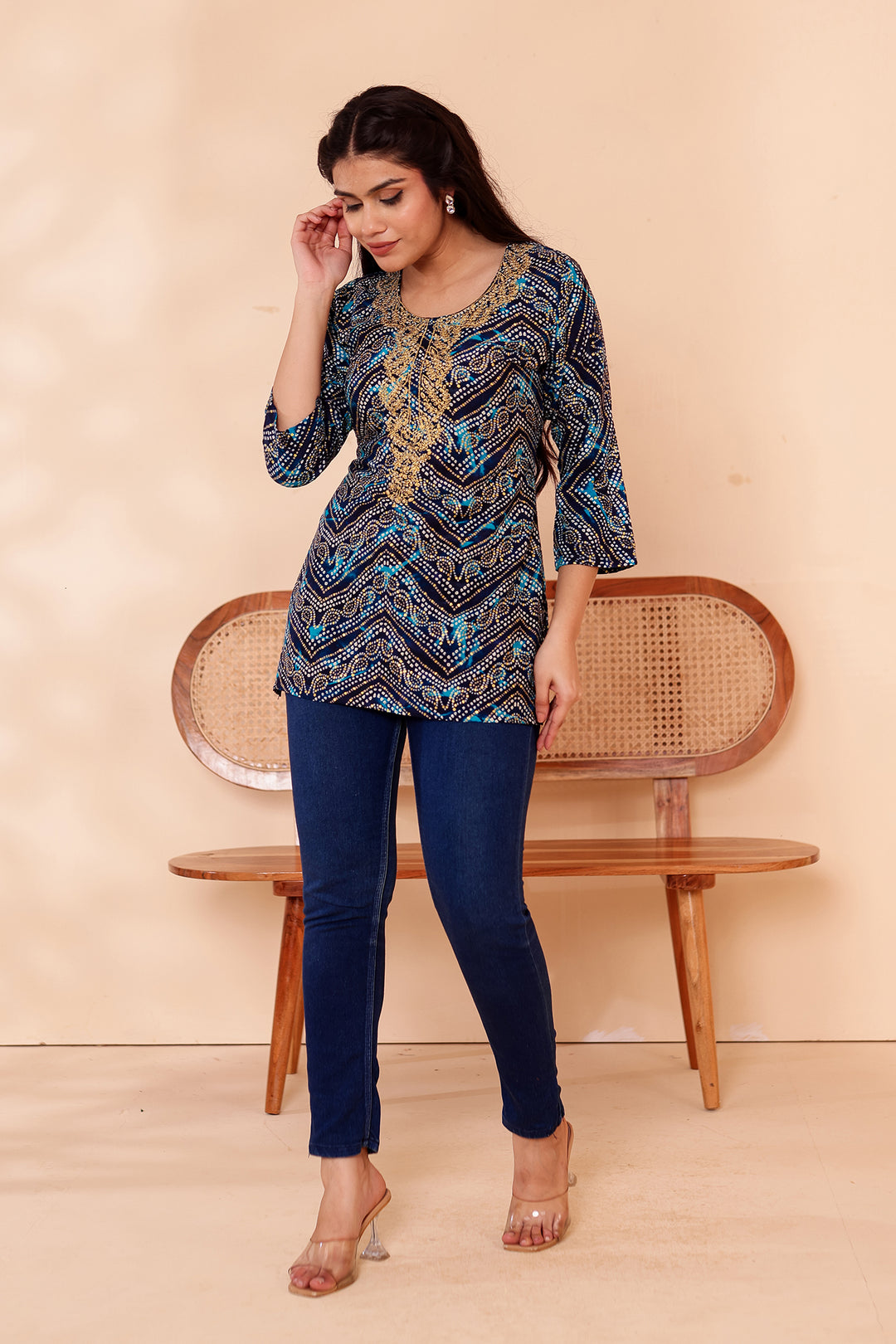 Blue Soft Rayon Bandhani Print Short Kurti Top.