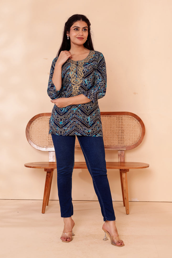 Blue Soft Rayon Bandhani Print Short Kurti Top.