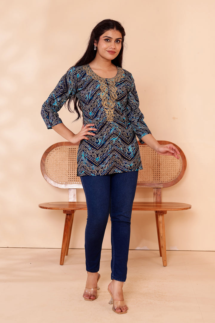 Blue Soft Rayon Bandhani Print Short Kurti Top.
