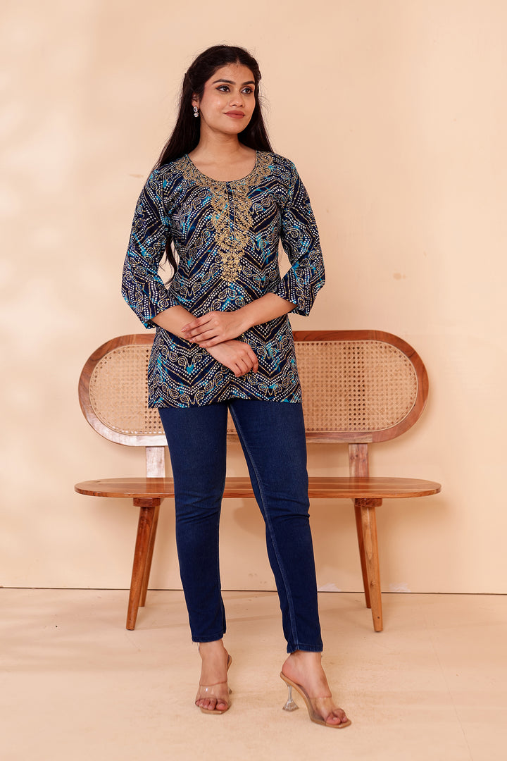 Blue Soft Rayon Bandhani Print Short Kurti Top.