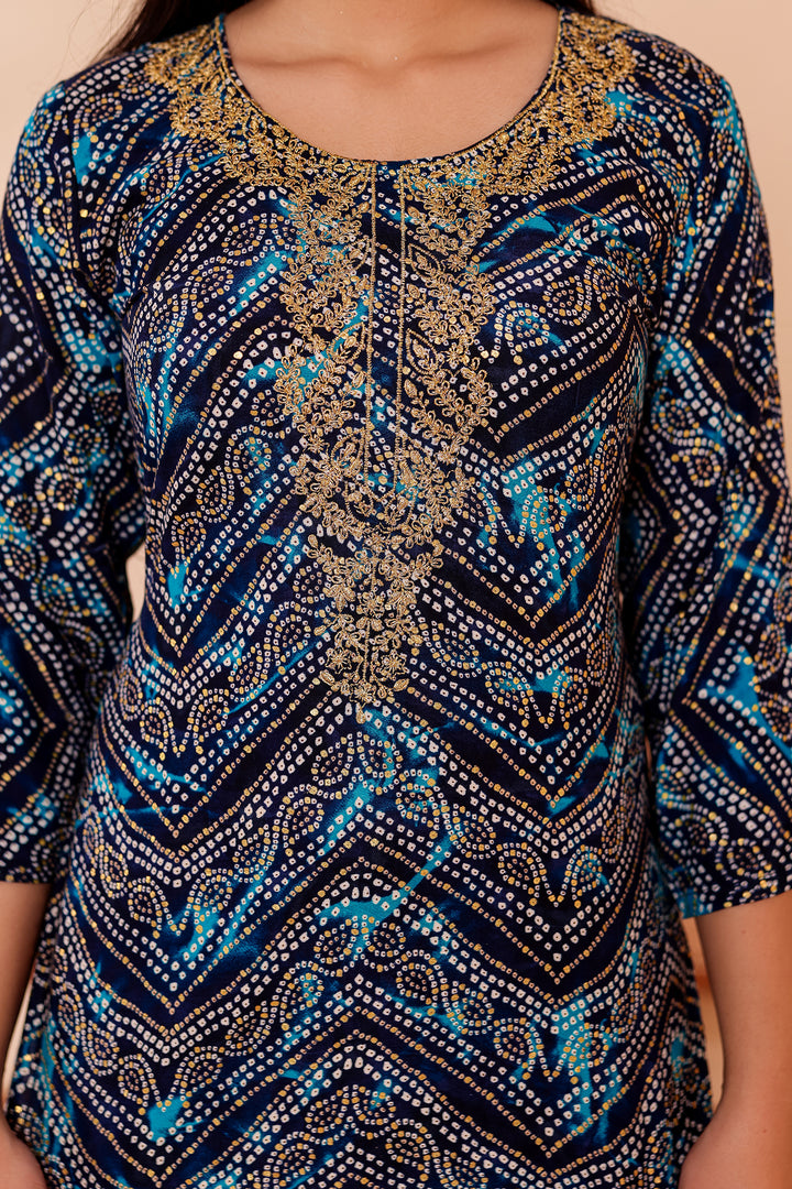 Blue Soft Rayon Bandhani Print Short Kurti Top.