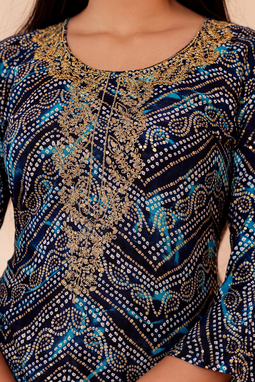 Blue Soft Rayon Bandhani Print Short Kurti Top.