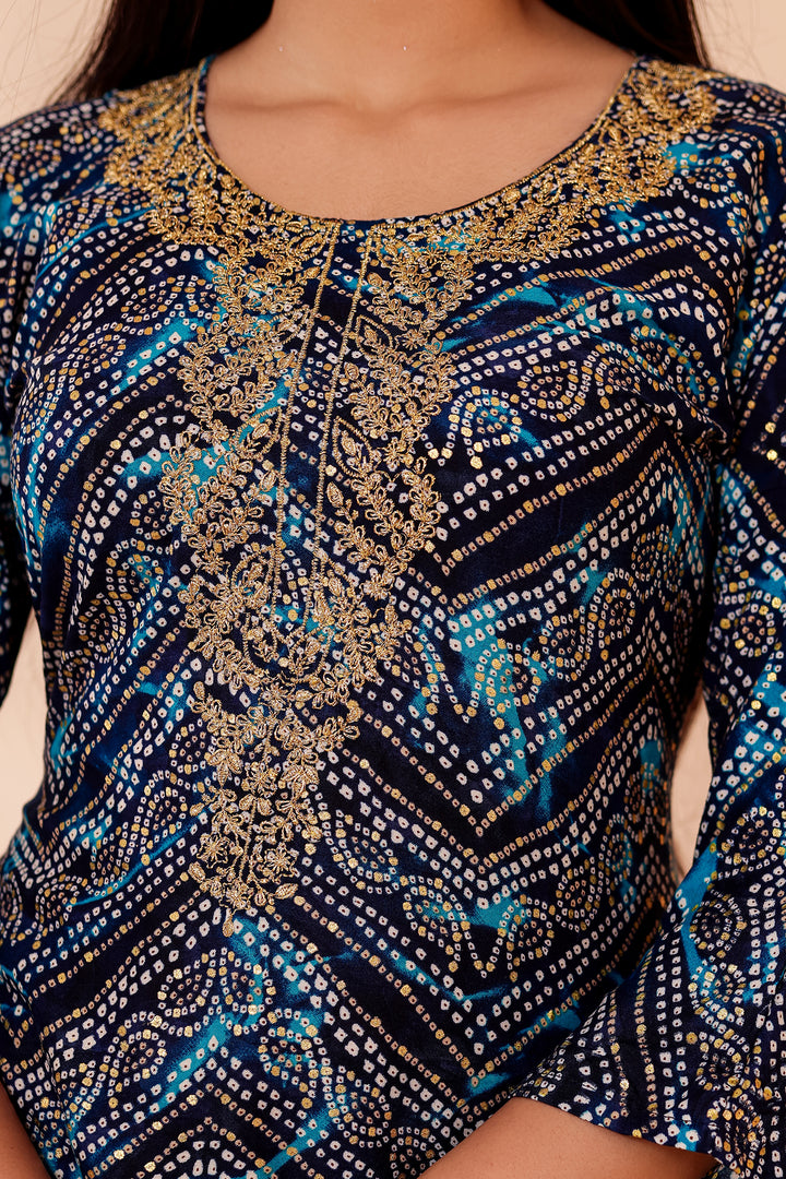 Blue Soft Rayon Bandhani Print Short Kurti Top.