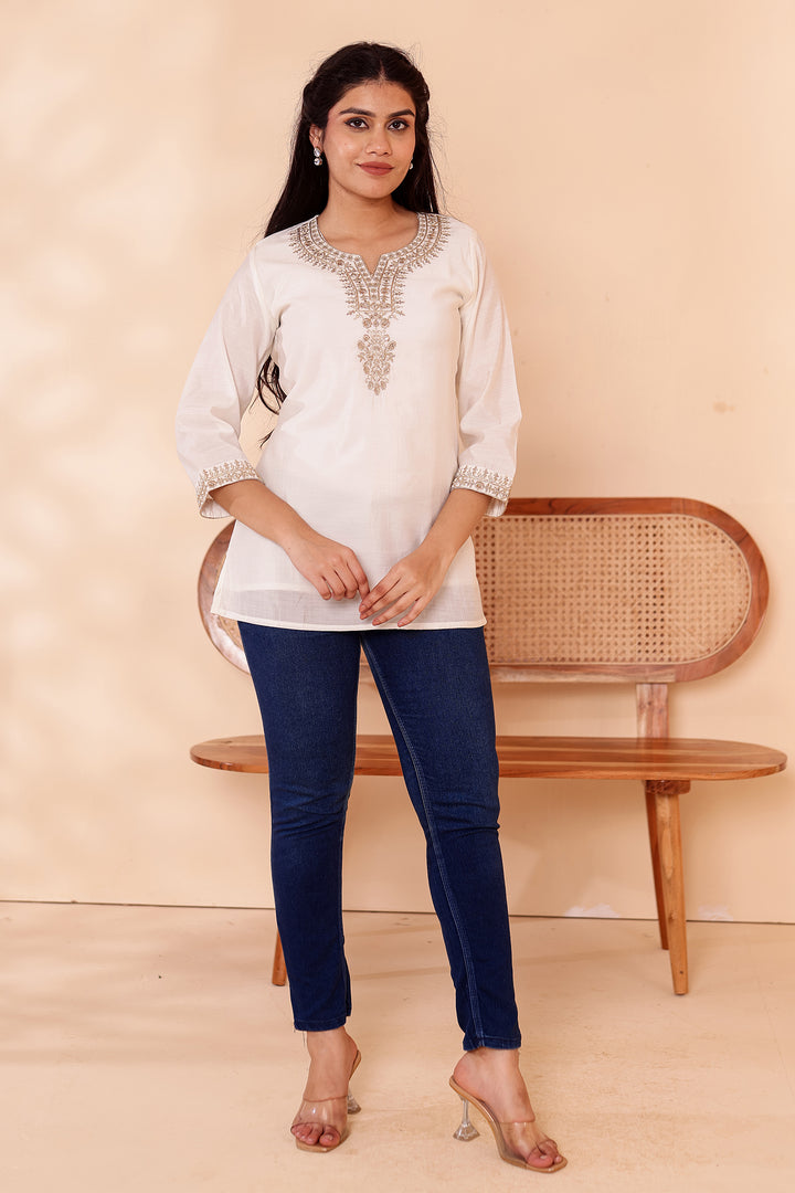 Off White Chanderi Silk Short Kurti Top with Gold Thread Work.