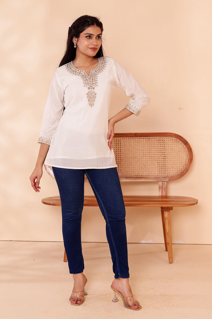Off White Chanderi Silk Short Kurti Top with Gold Thread Work.