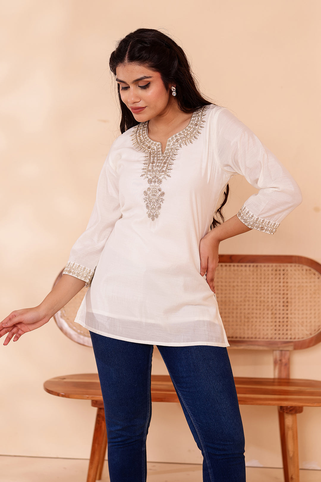 Off White Chanderi Silk Short Kurti Top with Gold Thread Work.