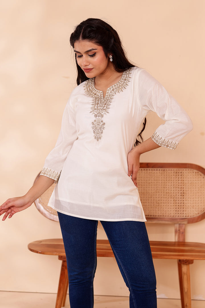 Off White Chanderi Silk Short Kurti Top with Gold Thread Work.