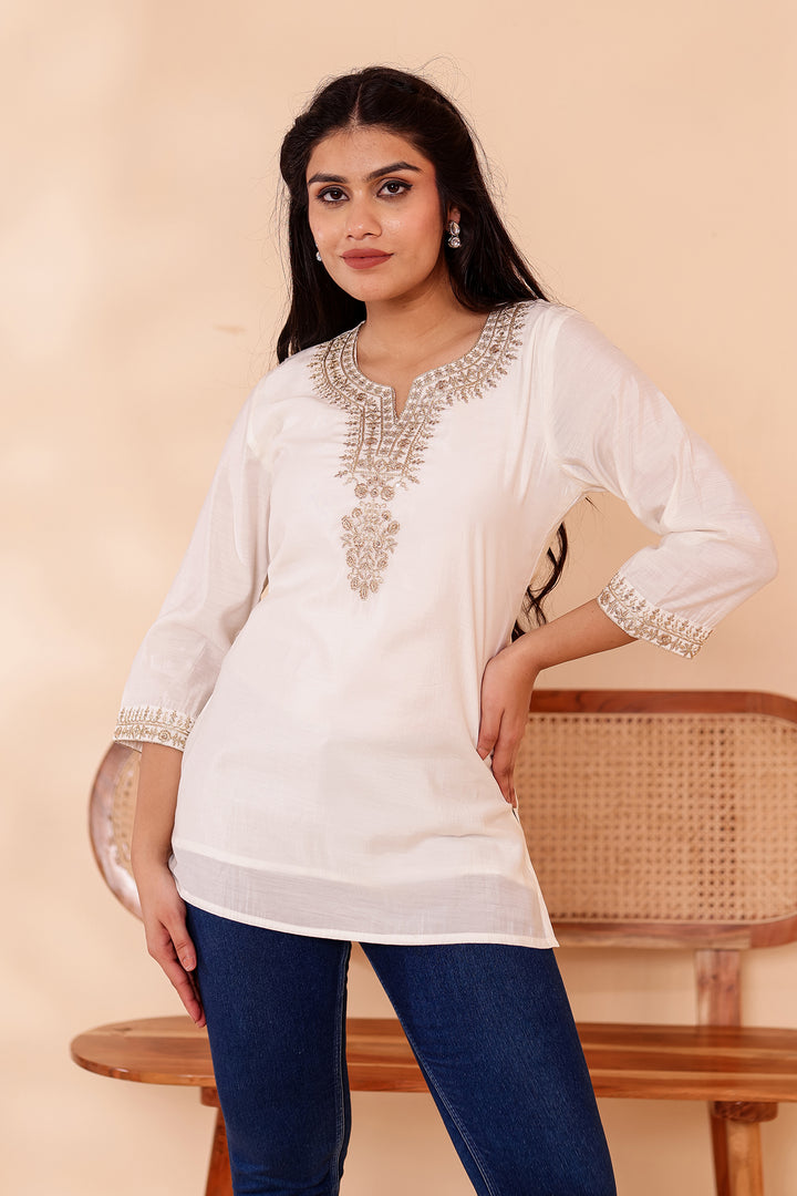 Off White Chanderi Silk Short Kurti Top with Gold Thread Work.
