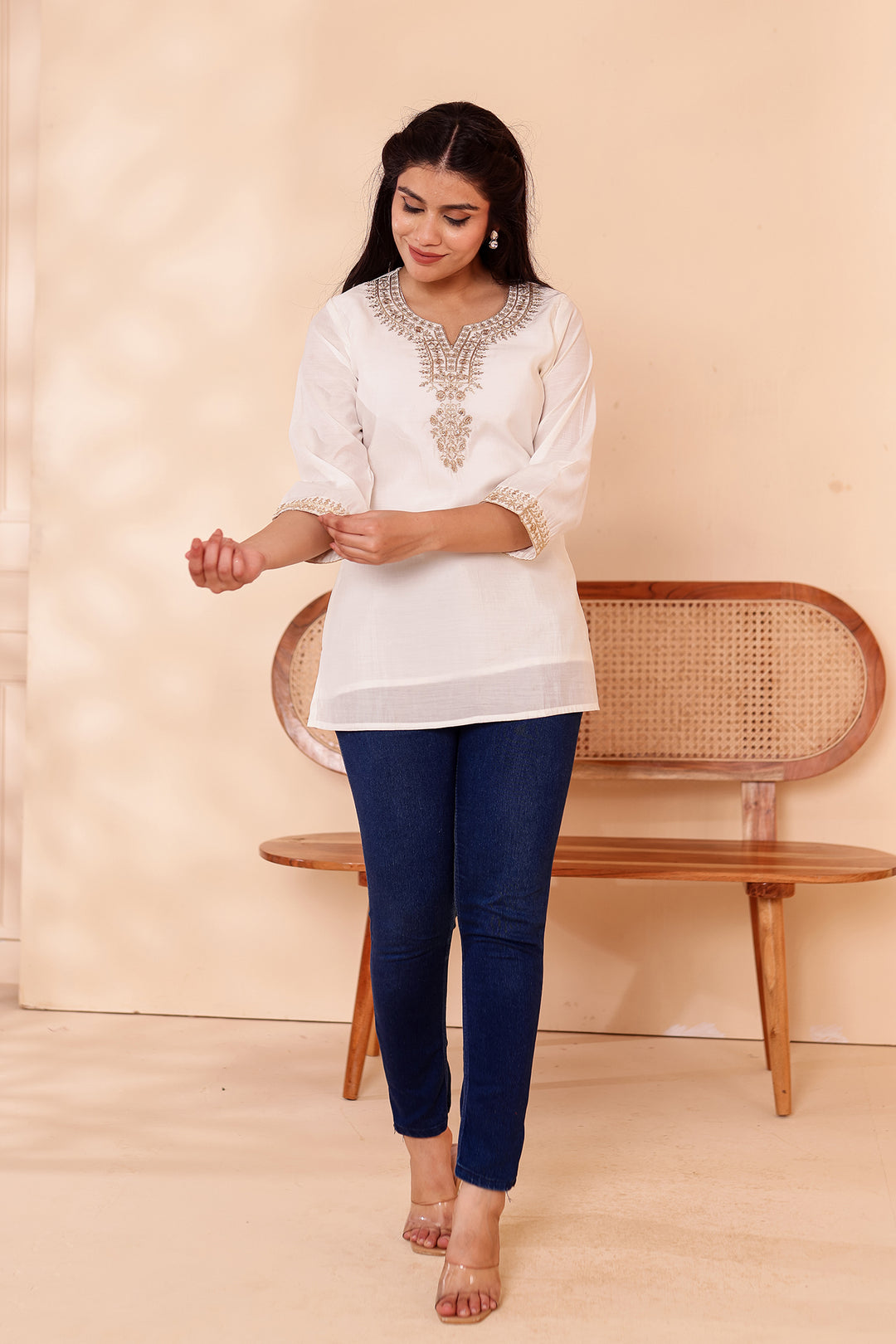 Off White Chanderi Silk Short Kurti Top with Gold Thread Work.