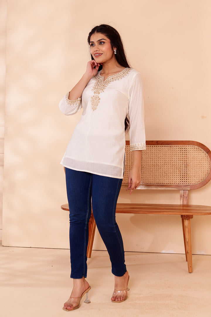 Off White Chanderi Silk Short Kurti Top with Gold Thread Work.