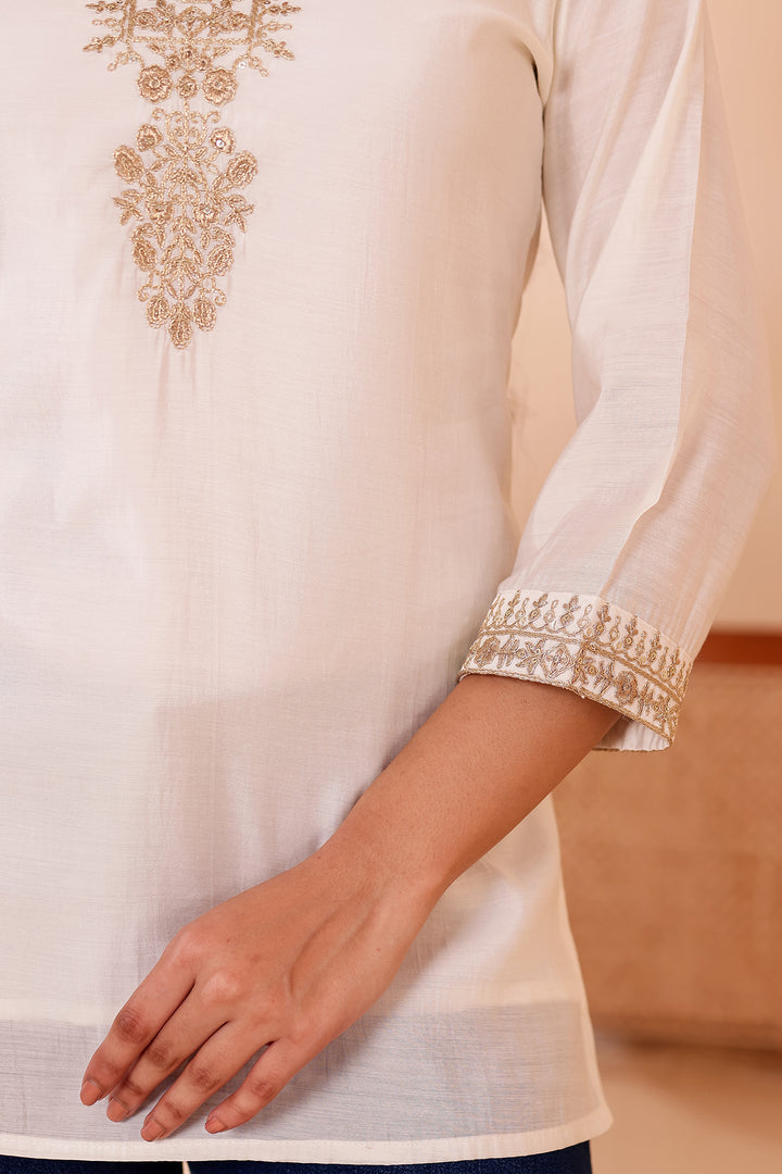 Off White Chanderi Silk Short Kurti Top with Gold Thread Work.