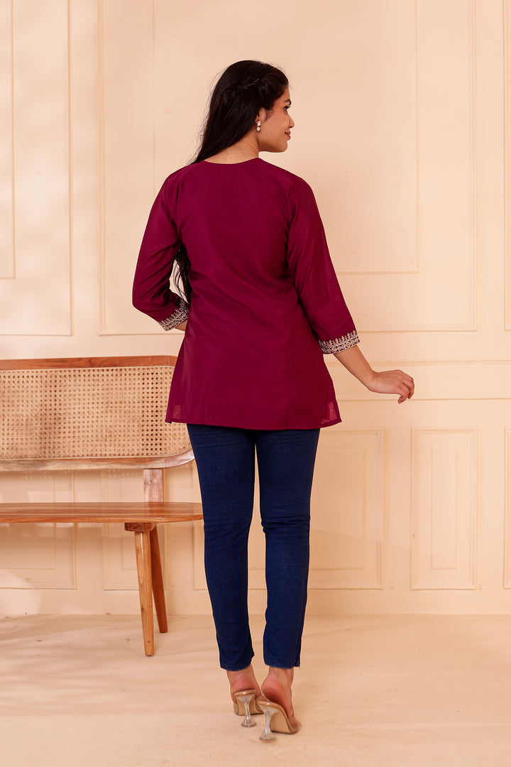 Plum Chanderi Silk Short Kurti Top with Gold Thread Work.