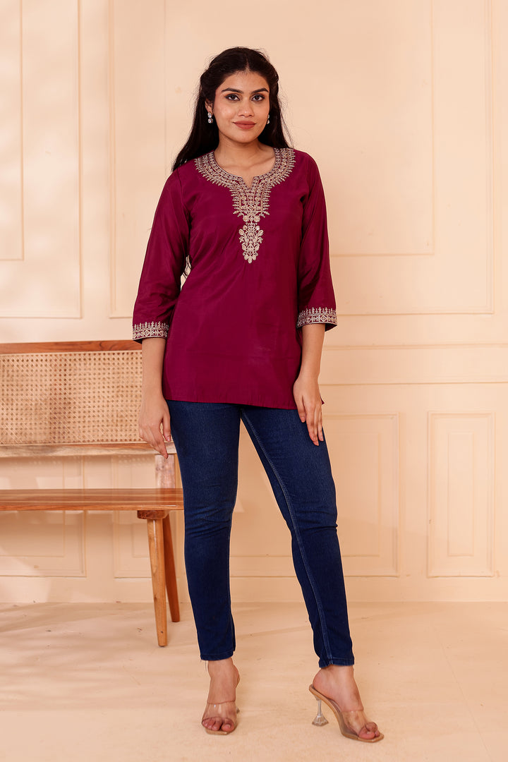 Plum Chanderi Silk Short Kurti Top with Gold Thread Work.