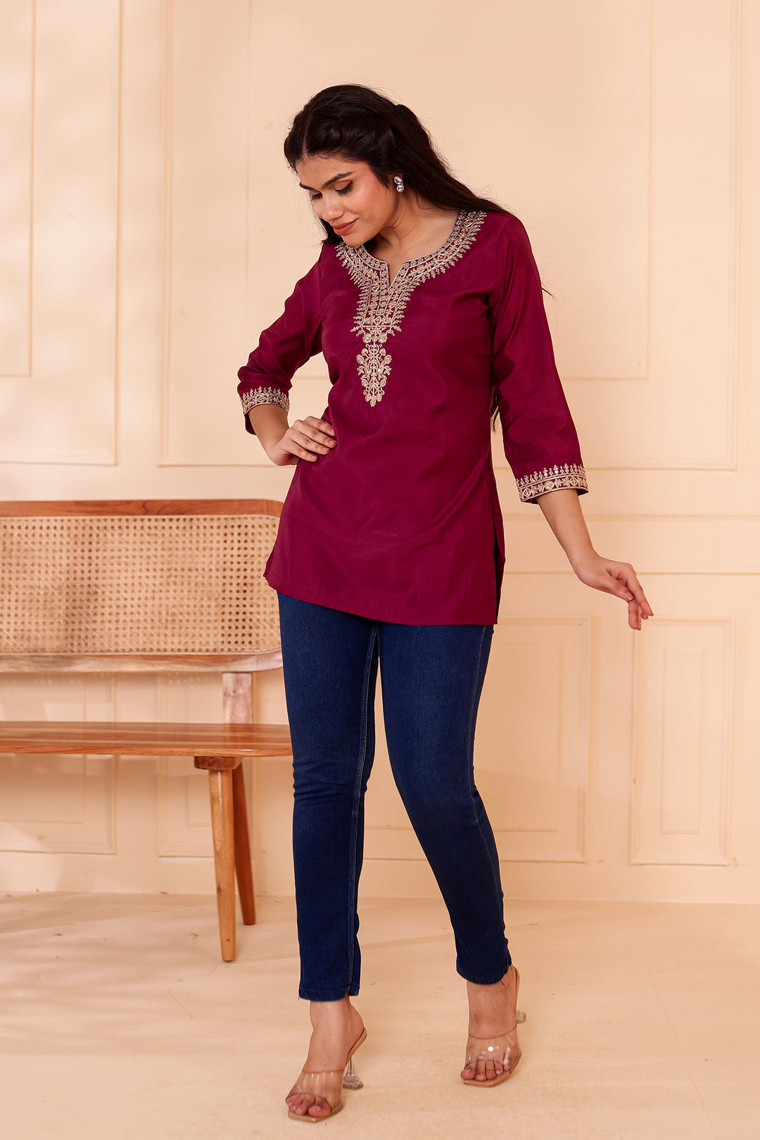 Plum Chanderi Silk Short Kurti Top with Gold Thread Work.