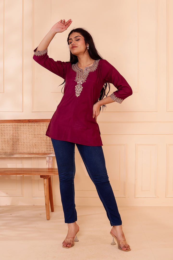 Plum Chanderi Silk Short Kurti Top with Gold Thread Work.