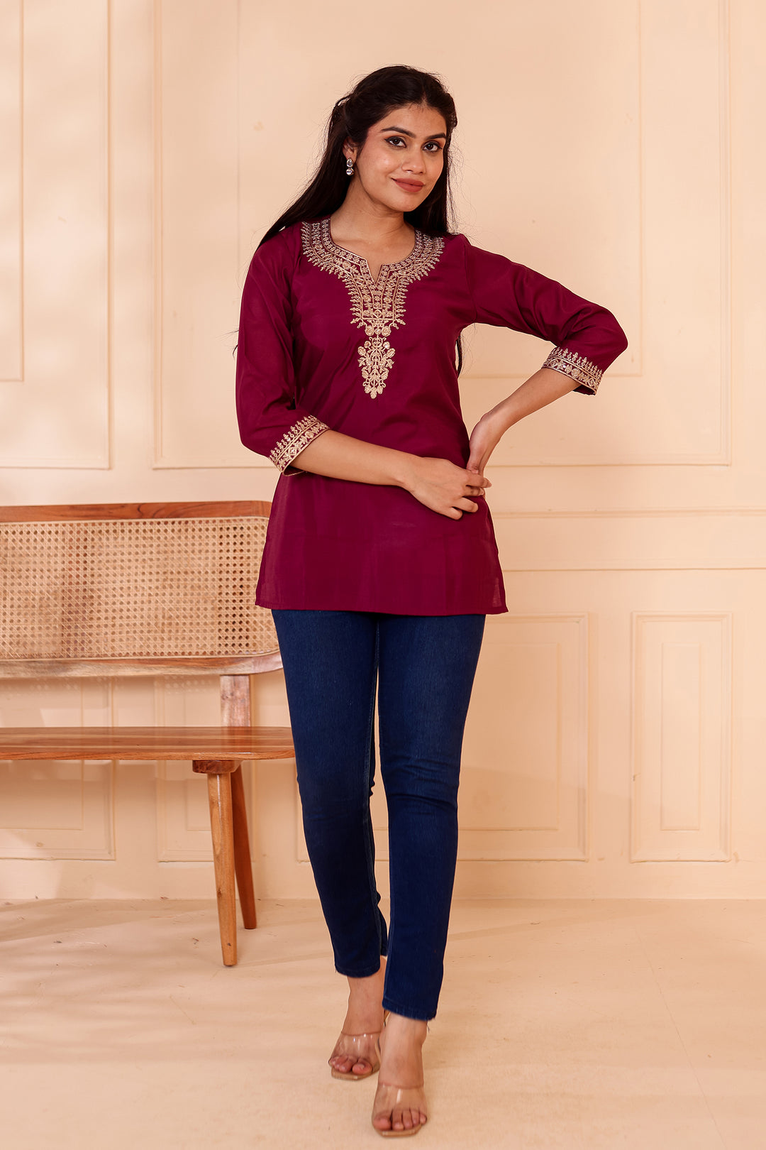 Plum Chanderi Silk Short Kurti Top with Gold Thread Work.