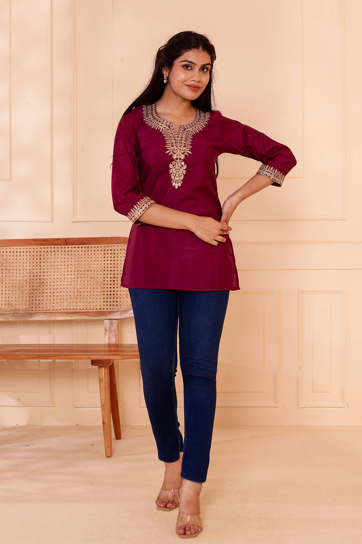 Plum Chanderi Silk Short Kurti Top with Gold Thread Work.