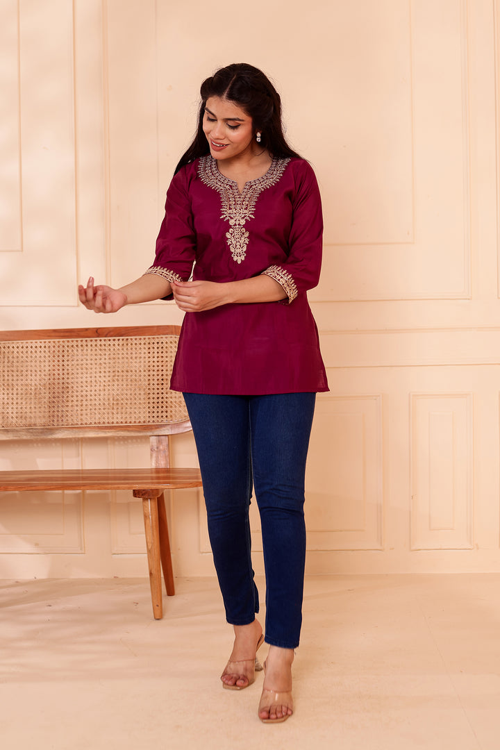 Plum Chanderi Silk Short Kurti Top with Gold Thread Work.